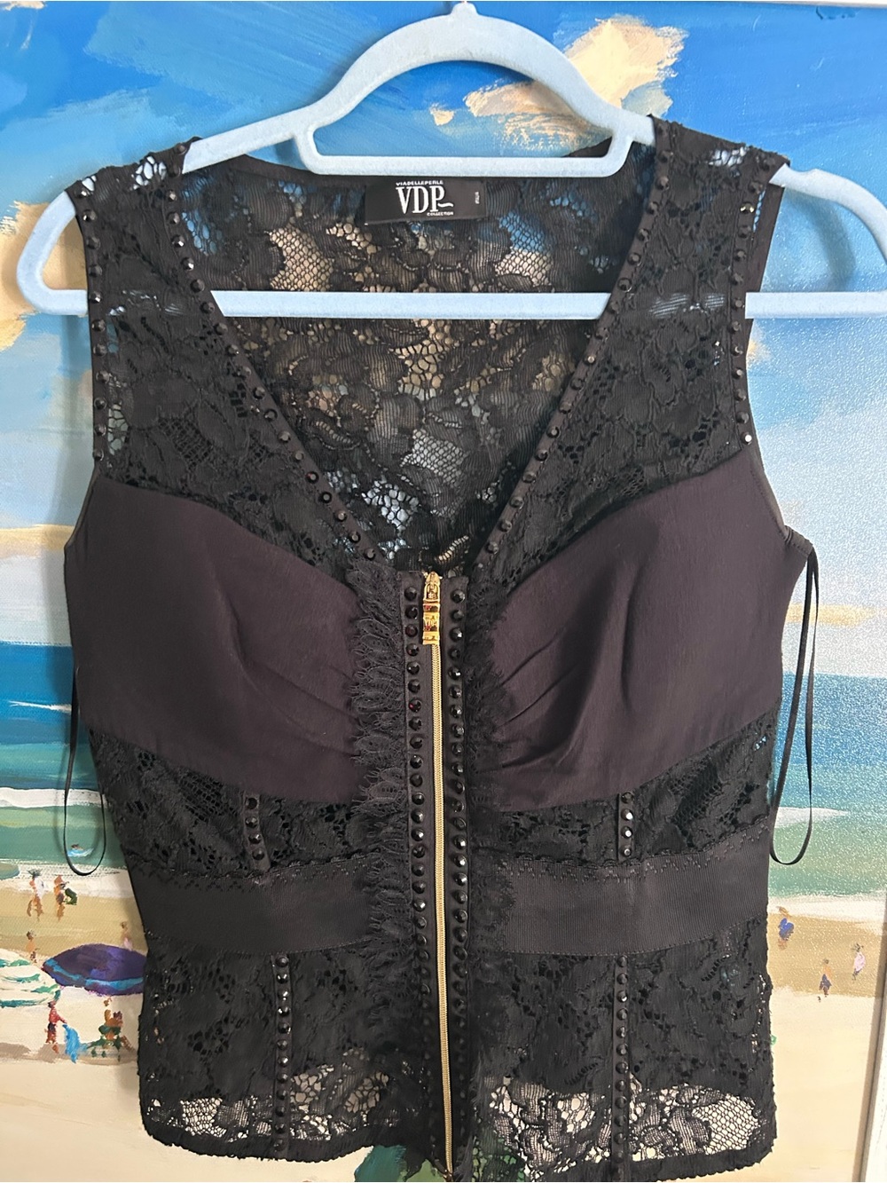 VDP  ViaDellePerle  Black Lace Zip-Front Sleeveless Top